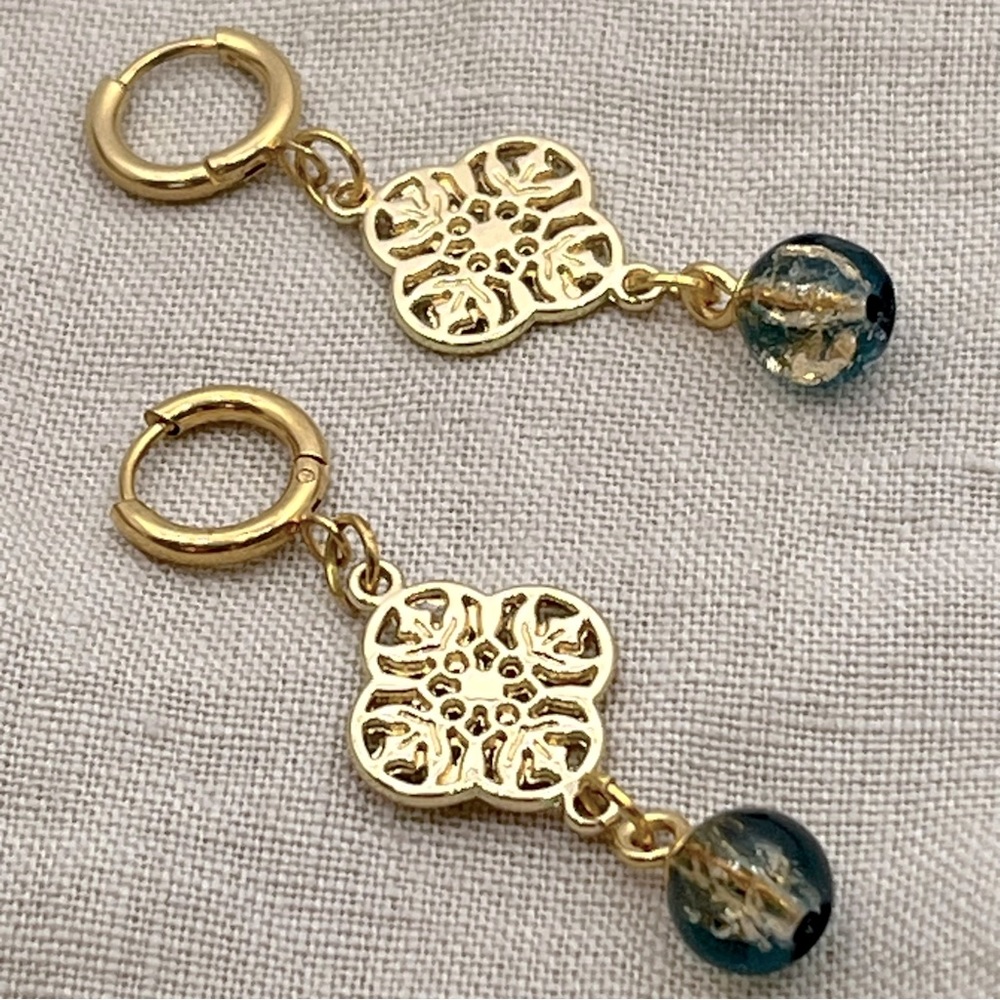 Gold Dark Blue Bead Dangle Earrings